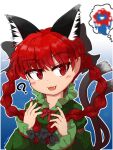 1girl :3 :d ? animal_ear_fluff animal_ears blue_background blush bow braid cat_ears dress expo2025 eyebrows_visible_through_hair fang inochi-no-kagayaki kaenbyou_rin long_sleeves looking_to_the_side nail_polish omochi_(omochi_natto) open_mouth outline red_eyes red_nails redhead simple_background smile solo touhou twin_braids twitter_username white_outline 