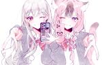  2girls animal_ear_fluff animal_ears black_cardigan bow braid brown_hair cardigan cellphone collared_shirt dear:_(utaite) eyebrows_visible_through_hair grey_hair highres holding holding_phone indie_virtual_youtuber multicolored_hair multiple_girls one_eye_closed original phone pink_eyes pink_hair pink_nails red_bow school_uniform shirt smartphone smile streaked_hair symbol-only_commentary twin_braids utaite_(singer) v v-shaped_eyebrows violet_eyes virtual_youtuber white_background white_shirt xoco xoco_(vtuber) 