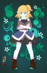  1girl bangs bare_shoulders black_footwear black_skirt blonde_hair closed_mouth crossed_arms frown full_body green_background limited_palette looking_at_viewer mizuhashi_parsee multicolored_clothes nosada one_side_up pointy_ears short_hair skirt solo standing star_(symbol) touhou 