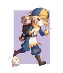  1boy backpack bag belt blonde_hair blue_jumpsuit boots border brown_bag brown_belt brown_footwear chibi closed_mouth commentary_request grey_eyes hair_over_one_eye hat holding_strap jumpsuit long_sleeves male_focus mongguri pokemon pokemon_(creature) pokemon_(game) pokemon_legends:_arceus purple_background short_hair smile togepi volo_(pokemon) white_border yellow_headwear 