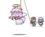  3girls ajitsuki angel_wings arm_up bangs blue_ribbon chibi closed_eyes crescent crescent_hat_ornament double_bun dress eyebrows_visible_through_hair flying full_body hand_up hat hat_ornament hat_ribbon hong_meiling izayoi_sakuya long_hair long_sleeves mob_cap multiple_girls open_clothes open_dress open_mouth patchouli_knowledge pink_dress pink_headwear pink_ribbon purple_dress purple_hair ribbon smile standing striped striped_dress touhou white_dress wings 