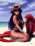  1girl arm_tattoo bandaged_arm bandaged_leg bandages bangs barefoot beach blunt_bangs breasts clouds cloudy_sky commentary dark-skinned_female dark_skin dated deviantart_username egyptian english_commentary fingernails highres hot italian_commentary jewelry leg_tattoo long_fingernails long_hair looking_at_viewer mixed-language_commentary monster_girl_encyclopedia nail_polish ocean patreon_username pharaoh_(monster_girl_encyclopedia) purple_hair purple_nails red_eyes reward_available sand scales sciamano240 sharp_fingernails shoulder_tattoo signature sitting sky smile snake solo summer swimsuit tattoo very_long_hair watermark web_address 