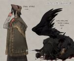  1boy artist_name ascot black_hair black_wings bleeding blood blood_splatter bloodborne bonnet boots brown_vest buckle cape cloak closed_eyes copyright_name cosplay crossdressing dress fingerless_gloves gloves hair_ornament highres jacket lady_maria_of_the_astral_clocktower lady_maria_of_the_astral_clocktower_(cosplay) long_hair male_focus mask mouth_mask naruto_(series) ningyeon no_hat no_headwear plain_doll plain_doll_(cosplay) ponytail simple_background single_wing skirt the_old_hunters tied_hair twitter_username uchiha_itachi vest wings 