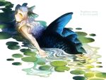  1girl blue_hair dripping fingernails fins fish_tail gills head_fins highres hogara lily_pad mermaid monster_girl original pond scales sharp_fingernails signature swimming tail water water_drop webbed_hands yellow_eyes 