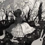  1girl @_@ animal bangs clover dress flower gloves head_wreath highres holding juliet_sleeves lolita_fashion long_sleeves looking_at_viewer mini_wings mole mole_under_eye narue original outdoors parasol puffy_sleeves rabbit short_hair sitting symbol-only_commentary tree umbrella wings 
