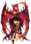  1girl ankle_boots bangs boots breasts cross-laced_footwear demon_wings fire flame halterneck high_heels highleg highres horns hutuu_(1121) lace-up_boots long_hair medium_breasts official_art open_mouth red_eyes redhead rise_of_girls scrunchie see-through skirt solo tail thigh-highs white_background wings wrist_scrunchie 