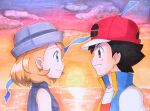  1boy 1girl ash_ketchum black_hair blonde_hair blue_eyes closed_mouth clouds commentary_request earrings eye_contact eyelashes from_side grey_headwear hat jacket jewelry looking_at_another outdoors pokemon pokemon_(anime) pokemon_swsh_(anime) serena_(pokemon) shirt short_hair sky sleeveless sleeveless_jacket smile sunset sweater_vest traditional_media twilight water white_shirt zao_(beans-alliance) 