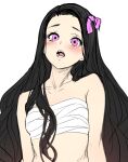  1girl black_hair blush bow collarbone flat_chest hair_bow kamado_nezuko kimetsu_no_yaiba long_hair looking_at_viewer open_mouth pink_bow pink_eyes sarashi simple_background sketch solo upper_body very_long_hair white_background zucchini 