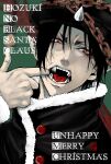  1boy alternate_costume black_hair chain eyeshadow hat highres hoozuki_(hoozuki_no_reitetsu) hoozuki_no_reitetsu horns looking_at_viewer makeup male_focus mypallet oni_horns red_eyes short_hair teeth winter_clothes 