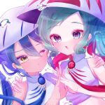  2girls blue_hair dark-skinned_female dark_skin eyeliner fate/grand_order fate_(series) green_eyes green_hair hair_between_eyes hat heads_together long_hair makeup multicolored_hair multiple_girls nununu_nununya one_eye_closed ponytail siblings sidelocks single_sleeve sisters streaked_hair trung_nhi_(fate) trung_trac_(fate) water_drop wavy_hair white_headwear yellow_eyes 