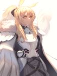  1girl absurdres animal_ear_fluff animal_ears arknights armor bangs black_bow black_gloves blemishine_(arknights) blonde_hair bow breastplate closed_mouth eyebrows_visible_through_hair fur_trim gloves hair_bow hands_on_hips highres horse_ears kingdom_of_kazimierz_logo looking_ahead looking_at_viewer pei_(despay_illustration) smile upper_body 