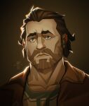  1boy arcane:_league_of_legends artist_name bangs beard brown_background brown_hair brown_jacket closed_mouth collarbone facial_hair grey_eyes highres jacket league_of_legends looking_at_viewer male_focus nina_kunze open_clothes open_jacket short_hair solo two-tone_shirt vander_(arcane) 