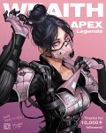  1girl apex_legends az_pt black_hair breasts character_name collarbone copyright_name dated gloves grey_eyes hair_bun head_tilt highres jacket mask medium_breasts milestone_celebration mouth_mask official_alternate_costume pink_background pink_gloves pink_jacket portrait realistic solo sweat void_specialist_wraith wraith_(apex_legends) 