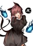  1girl :3 :d animal_ears arms_behind_back black_bow black_dress blush bow cat_ears cat_tail cowboy_shot dress fang hair_between_eyes highres kaenbyou_rin long_hair long_sleeves multiple_tails open_mouth po_(anhk5528) red_eyes redhead simple_background smile solo tail thigh-highs touhou twintails white_background 
