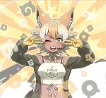  1girl acesrulez black_jacket blonde_hair choker commentary commentary_request coyote_(kemono_friends) coyote_ears coyote_girl coyote_tail double_v extra_ears eyebrows_visible_through_hair fangs gloves highres jacket kemono_friends kemono_friends_v_project long_sleeves looking_at_viewer midriff multicolored_hair navel one_eye_closed open_clothes open_jacket open_mouth shirt short_hair smile solo spaghetti_strap upper_body v virtual_youtuber white_choker white_hair white_shirt yellow_eyes yellow_gloves 