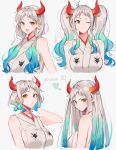  1girl alternate_hair_length alternate_hairstyle breasts earrings expressions horns japanese_clothes jewelry joman kimono long_hair looking_at_viewer low_twintails multicolored_horns one_eye_closed one_piece oni orange_horns red_horns short_hair sleeveless sleeveless_kimono smile twintails twitter_username upper_body variations wavy_hair white_background yamato_(one_piece) 