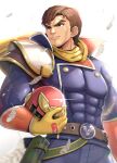  1boy abs armor belt black_eyes brown_hair captain_falcon commentary_request f-zero gloves gonzarez headwear_removed helmet helmet_removed highres holding holding_helmet jumpsuit male_focus muscular muscular_male pauldrons scar scarf short_hair shoulder_armor simple_background smile solo upper_body white_background yellow_gloves yellow_scarf 