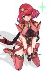  1girl absurdres bangs black_gloves blush breasts chest_jewel closed_mouth earrings eyebrows_visible_through_hair fingerless_gloves full_body gem gloves headpiece highres jewelry kneeling large_breasts looking_at_viewer own_hands_together pyra_(xenoblade) reason3_s red_eyes red_legwear red_shorts redhead short_hair short_shorts shorts smile solo swept_bangs symbol-only_commentary thigh-highs tiara xenoblade_chronicles_(series) xenoblade_chronicles_2 