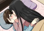  2girls absurdres black_hair blush brown_eyes brown_hair eye_contact grey_eyes hand_in_another&#039;s_hair hand_on_another&#039;s_back highres imminent_kiss long_hair looking_at_another lying lying_on_person multiple_girls original ryuusa short_hair under_covers yuri 