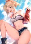  1girl absurdres blonde_hair blue_sky breasts clouds cloudy_sky day fate/apocrypha fate/grand_order fate_(series) green_eyes highres midriff mordred_(fate) mordred_(fate/apocrypha) navel outdoors scan short_shorts shorts simple_background sky small_breasts solo stomach strapless suzuho_hotaru sweat sweatdrop thighs tied_hair tube_top 