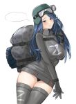  1girl backpack bag black_eyes blue_hair breasts closed_mouth cowboy_shot drawfag dress gloves helmet highres impossible_clothes impossible_dress kamaz-5350 long_hair looking_at_viewer non-web_source original panties pantyshot personification russo-ukrainian_war simple_background solo thigh-highs underwear white_background z_(russian_symbol) zettai_ryouiki 