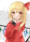  1girl :d alternate_costume bangs blonde_hair blush crystal eyebrows_visible_through_hair flandre_scarlet grey_background hair_between_eyes hand_up highres hood hoodie long_hair long_sleeves nail_polish no_hat no_headwear open_mouth red_eyes red_nails red_ribbon ribbon sleeves_past_wrists smile solo touhou upper_body white_background wings yumeno_ruruka 