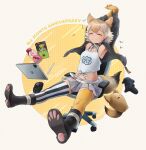 1girl animal_ears beleven blonde_hair coyopotato coyote_(kemono_friends) coyote_ears coyote_girl coyote_tail gloves highres kemono_friends kemono_friends_v_project necktie shirt shoes short_hair simple_background skirt smile solo tail virtual_youtuber yellow_eyes 