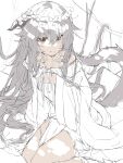 1girl bangs branch closed_mouth commentary_request dress grey_hair hair_between_eyes highres horns long_hair looking_at_viewer original seiza sitting sketch smile solo tail very_long_hair violet_eyes white_background white_dress yuuji_(yukimimi) 