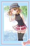  1girl blonde_hair blue_eyes blush breasts earrings hat highres jewelry kouga_furo looking_at_viewer pokemon pokemon_(anime) pokemon_swsh_(anime) red_skirt serena_(pokemon) shirt short_hair skirt sleeveless sleeveless_shirt smile socks socks_over_thighhighs solo 