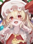  1girl :d artist_request ascot bangs blonde_hair blush crystal eyebrows_visible_through_hair fang fangs flandre_scarlet frilled_shirt_collar frills hair_between_eyes hands_up hat hat_ribbon highres long_hair mob_cap one_side_up open_mouth puffy_short_sleeves puffy_sleeves red_eyes red_ribbon red_vest ribbon shirt short_sleeves skin_fang smile solo touhou upper_body vest white_headwear white_shirt wings wrist_cuffs 