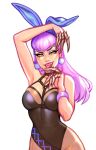  1girl alternate_costume animal_ears arm_on_head arm_up bangs bare_legs bare_shoulders blushy-pixy bracelet breasts brown_leotard claws earrings evelynn_(league_of_legends) fake_animal_ears fangs grey_background groin highres jewelry k/da_(league_of_legends) k/da_evelynn large_breasts league_of_legends leotard long_hair looking_at_viewer pink_hair pink_lips playboy_bunny simple_background smile solo teeth tongue tongue_out upper_body yellow_eyes 