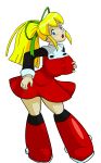  1girl :o alternate_breast_size blonde_hair blue_eyes blush breasts dress hands_on_own_chest highres large_breasts looking_at_viewer mega_man_(classic) mega_man_(series) open_mouth ponytail red_dress red_footwear roll_(mega_man) ticki-ticki 