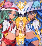  2girls absurdres animal_on_head black_hair blue_eyes blue_pupils dark-skinned_female dark_skin elephant fate/grand_order fate_(series) green_hair hand_tattoo hat highres izumi_minami long_hair midriff multicolored_hair multiple_girls navel on_head palms_together ponytail red_pupils smile trung_nhi_(fate) trung_trac_(fate) twitter_username yellow_background yellow_eyes 