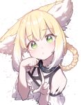  1girl :o animal_ear_fluff animal_ears arknights bangs bare_shoulders beudelb blonde_hair blush braid commentary_request cropped_torso eyebrows_visible_through_hair fox_ears green_eyes hair_rings hands_up head_tilt highres looking_at_viewer multicolored_hair parted_lips shirt simple_background solo suzuran_(arknights) two-tone_hair upper_body white_background white_hair white_shirt 