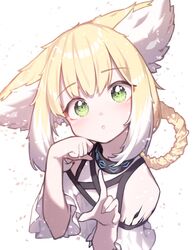  1girl :o animal_ear_fluff animal_ears arknights bangs bare_shoulders beudelb blonde_hair blush braid commentary_request cropped_torso eyebrows_visible_through_hair fox_ears green_eyes hair_rings hands_up head_tilt highres looking_at_viewer multicolored_hair parted_lips shirt simple_background solo suzuran_(arknights) two-tone_hair upper_body white_background white_hair white_shirt 