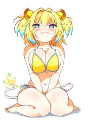  +_+ 1girl bangs between_legs bikini blonde_hair blue_eyes blue_hair blush bombergirl breasts closed_mouth collarbone commentary_request dot_nose eyebrows_visible_through_hair furrowed_brow fuse_tail grenade_hair_ornament hair_between_eyes hair_intakes hand_between_legs highres kenzuishi large_breasts lit_fuse looking_at_viewer multicolored_hair navel pine_(bombergirl) side-tie_bikini sitting solo split_mouth swimsuit symbol-shaped_pupils thick_thighs thighs two-tone_hair two_side_up wariza yellow_bikini yellow_pupils 