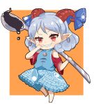  1girl barefoot blush chibi crys_(dai) dress earrings full_body grin highres holding holding_spoon horns jewelry long_hair pointy_ears red_eyes sharp_teeth simple_background smile solo spoon standing standing_on_one_leg teeth touhou toutetsu_yuuma 