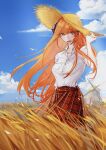  1girl arknights bagpipe_(arknights) casual hat highres horns long_hair orange_hair plaid plaid_skirt shirt skirt straw_hat violet_eyes wheat wheat_field white_shirt wind windmill 