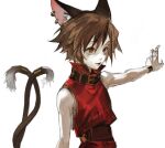  1girl :p adapted_costume animal_ears bangs brown_eyes brown_hair cat_ears cat_tail chen ear_piercing high_collar highres multiple_tails nekomata no_hat no_headwear outstretched_arm piercing red_shirt shirt simple_background sleeveless solo tail tail_ornament tongue tongue_out touhou two_tails upper_body white_background wony_(w012_k) wristband 