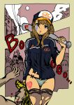  1girl 6+boys angry bangs baseball_bat baseball_cap black_legwear blonde_hair blood blood_on_weapon blue_jacket blue_panties bow bow_panties breasts clenched_teeth commentary_request crotch_seam earrings facial_mark hair_pull hat highres holding holding_weapon jacket jersey jewelry long_hair looking_at_viewer medium_breasts mole mole_under_eye moon multiple_boys original p-rink panties parted_lips pink_lips silhouette standing teeth thigh-highs torn_clothes torn_jacket torn_legwear track_jacket track_suit underwear v-shaped_eyebrows weapon 