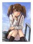  1girl artist_logo black_skirt brown_eyes brown_hair collared_shirt commentary_request dated dress_shirt highres kantai_collection ld_(luna_dial398) long_hair looking_at_viewer magatama pleated_skirt railing ryuujou_(kancolle) shirt sitting sitting_on_stairs skirt solo stairs suspenders twintails white_shirt 