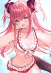 1girl absurdres bare_shoulders bikini bikini_skirt elizabeth_bathory_(beach_bloody_demoness)_(fate) elizabeth_bathory_(fate) elizabeth_bathory_(fate/extra_ccc) fate/extella fate/extella_link fate/extra fate/grand_order fate_(series) frilled_bikini frills highres layered_skirt long_hair looking_at_viewer navel open_mouth pointy_ears scan skirt solo stomach suzuho_hotaru swimsuit tail