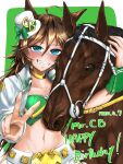 1girl absurdres ahoge animal_ears bangs blue_eyes blush bow brown_hair character_name choker commentary_request crop_top dated eyebrows_visible_through_hair green_bow green_shirt grin hair_between_eyes hair_ornament hairclip happy_birthday hat hat_bow highres horse horse_ears jacket long_hair long_sleeves looking_at_viewer midriff mini_hat mini_top_hat mr._c.b._(umamusume) navel open_clothes open_jacket pants same_same shirt smile solo stomach strapless strapless_shirt top_hat umamusume upper_body v white_headwear white_jacket white_pants wrist_cuffs yellow_choker 