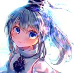  1girl backlighting bangs bloom blue_eyes closed_mouth eyebrows_visible_through_hair face hat highres itsumizu japanese_clothes long_hair mononobe_no_futo neck_ribbon pom_pom_(clothes) ponytail ribbon silver_hair simple_background solo tate_eboshi touhou upper_body white_background 