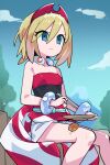  1girl bangs blonde_hair blue_eyes bracelet chopsticks closed_mouth clouds collar commentary_request commission day dropping eyelashes food_on_legs hair_between_eyes hairband holding holding_chopsticks holding_plate imomochi irida_(pokemon) jewelry knees medium_hair outdoors plate pokemon pokemon_(game) pokemon_legends:_arceus red_hairband red_shirt sash shirt shorts sitting sky solo strapless strapless_shirt stroma white_shorts 