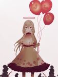  1girl :| absurdres balloon bangs blonde_hair closed_mouth commentary cowboy_shot ebisu_eika expressionless fetus frilled_shirt frilled_skirt frills grey_background hair_between_eyes halo highres holding holding_balloon layered_skirt long_earlobes long_skirt looking_at_viewer low_twintails naufaldreamer red_eyes red_halo shirt simple_background skirt skirt_set solo standing straight-on touhou twintails yellow_shirt yellow_skirt 