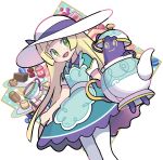  1girl :d absurdres bangs blonde_hair blush_stickers commentary_request cup dress eyelashes food green_dress green_eyes hat highres lillie_(pokemon) long_hair official_alternate_costume open_mouth pantyhose pokemon pokemon_(creature) pokemon_(game) pokemon_masters_ex polteageist saucer short_sleeves smile sutokame teacup tongue white_headwear white_legwear 