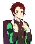  1boy black_jacket burn_mark checkered closed_mouth earrings haori jacket japanese_clothes jewelry kamado_tanjirou kimetsu_no_yaiba long_sleeves looking_at_viewer red_eyes redhead short_hair simple_background smile solo upper_body white_background zucchini 
