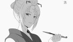  1girl collarbone commentary_request dated dyxm folded_ponytail gintama greyscale hair_ornament holding holding_pipe looking_at_viewer monochrome pipe portrait scar scar_on_cheek scar_on_face signature smile solo tsukuyo_(gintama) upper_body 