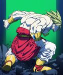  1boy absurdres bakarott blank_eyes broly_(dragon_ball_z) dragon_ball dragon_ball_z from_behind full_body green_hair green_theme highres legendary_super_saiyan male_focus muscular muscular_male solo spiky_hair standing super_saiyan topless_male 